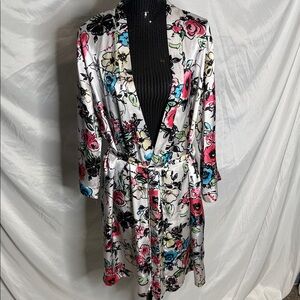 George White Satin Floral Robe with Pink & Blue Blooms